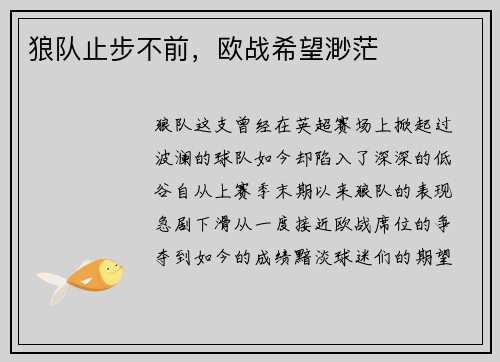 狼队止步不前，欧战希望渺茫