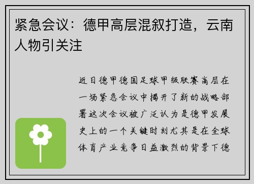 紧急会议：德甲高层混叙打造，云南人物引关注